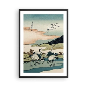 Affiche dans un cadre noir - Poster - Œuvre d'art traditionnelle japonaise représentant des grues dans un paysage naturel - 50x70cm - Avec une âme japonnaise - Décoration murale moderne pour le salon et la chambre ARTTOR