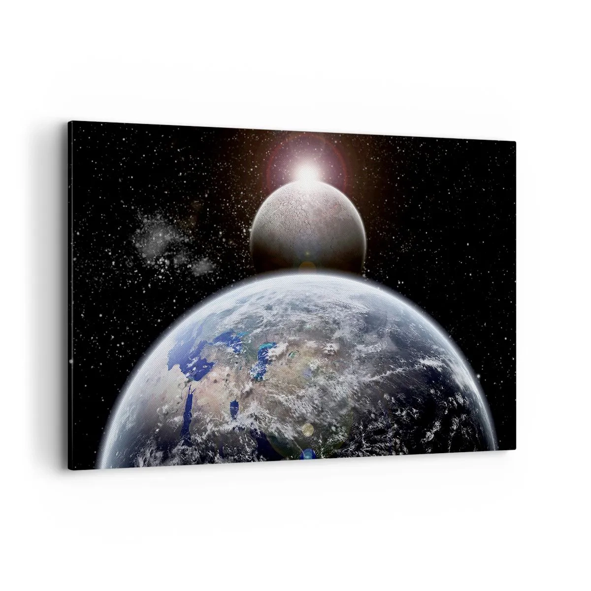Impression sur toile - Image sur toile - La planète Terre et la Lune sur fond d'espace étoilé. - 120x80cm - Paysage cosmique - lever de soleil - Décoration murale moderne pour le salon et la chambre ARTTOR