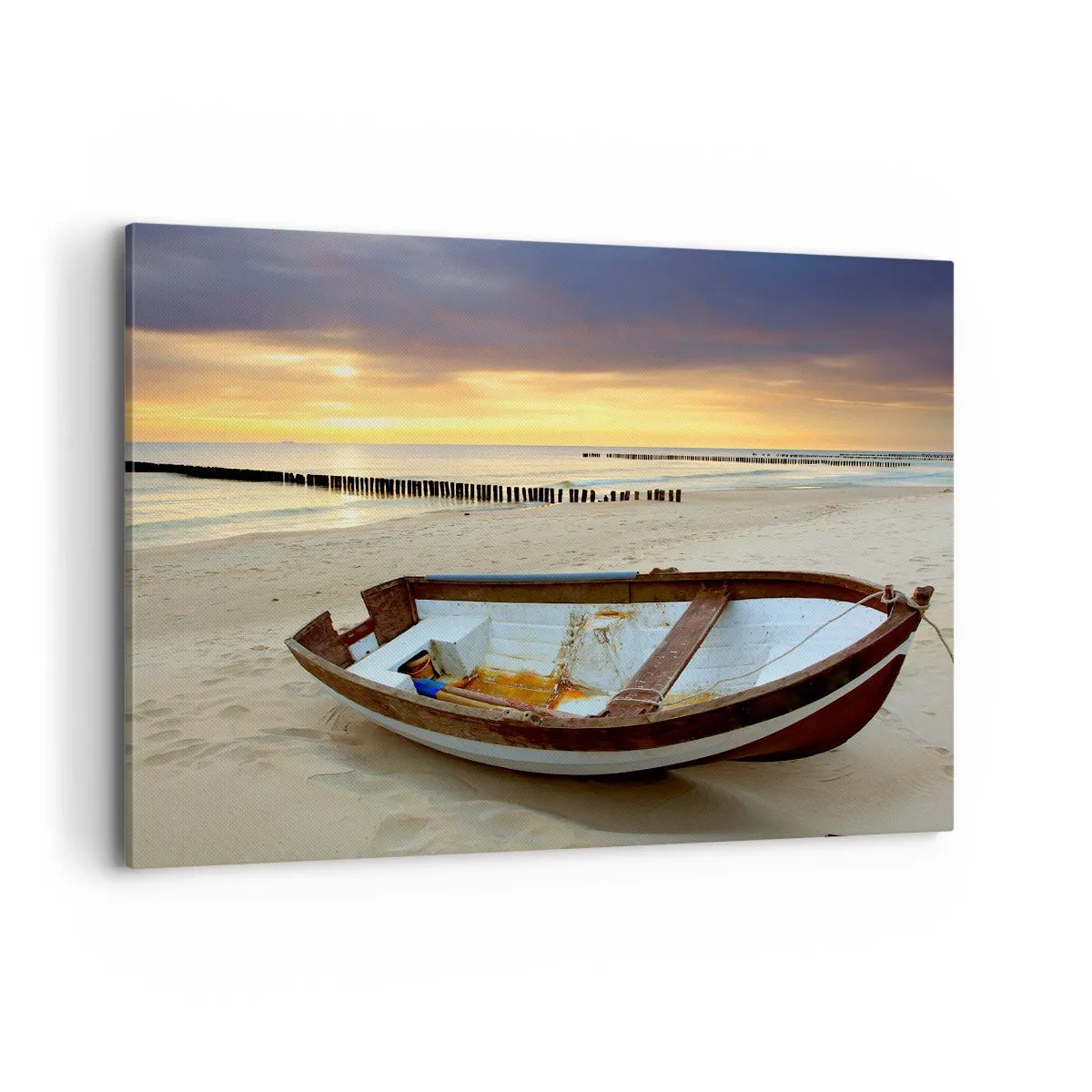 Impression sur toile - Image sur toile - Un bateau sur une plage de sable au coucher du soleil - 100x70cm - Il n'y a pas de plus belles plages - Décoration murale moderne pour le salon et la chambre ARTTOR