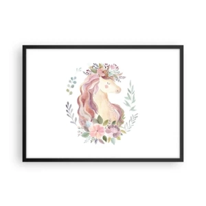 Affiche dans un cadre noir - Poster - Une licorne aux couleurs pastel entourée de fleurs - 70x50cm - Invitation au monde des contes de fées - Décoration murale moderne pour le salon et la chambre ARTTOR