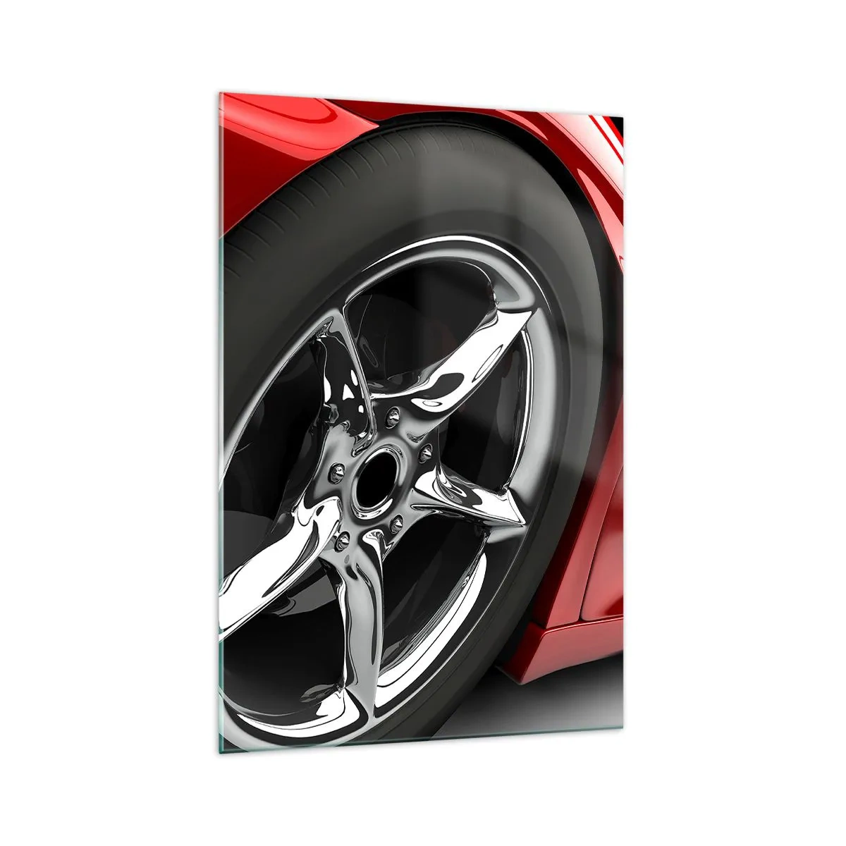 Impression sur verre - Image sur verre - Voiture de sport rouge avec jantes chromées - 70x100cm - Conçu pour la vitesse - Décoration murale moderne pour le salon et la chambre ARTTOR