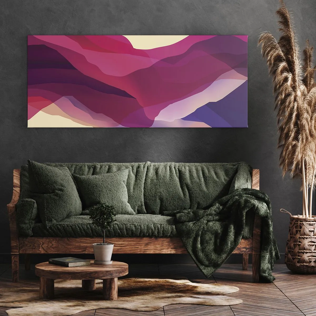 Impression sur toile - Image sur toile - Vagues abstraites dans des tons violets et roses sur un fond clair - 120x50cm - Vagues pourpre - Décoration murale moderne pour le salon et la chambre ARTTOR