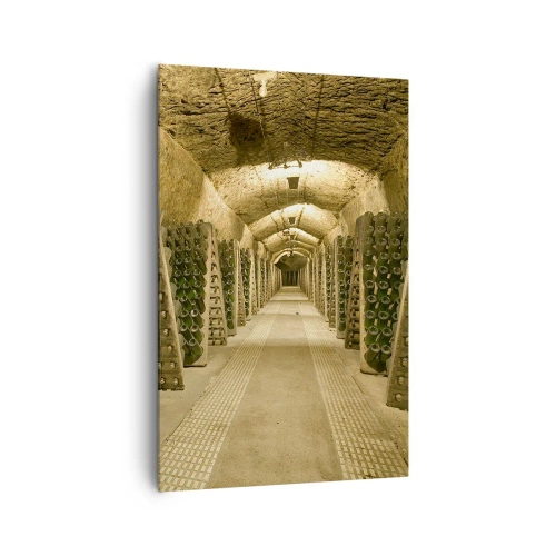 Impression sur toile - Image sur toile - Un vignoble avec une cave remplie de bouteilles de vin exposées sur des étagères en bois. - 80x120cm - L'éveil du goût - Décoration murale moderne pour le salon et la chambre ARTTOR