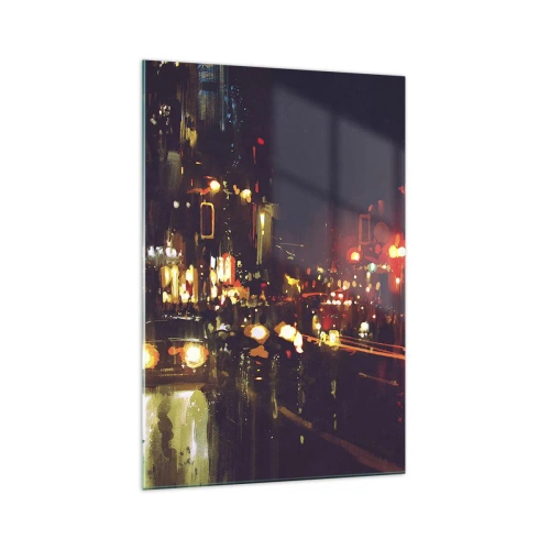 Impression sur verre - Image sur verre - Scène de ville nocturne avec des lumières colorées et des reflets dans la rue - 70x100cm - Immergé dans les lumières de la nuit - Décoration murale moderne pour le salon et la chambre ARTTOR