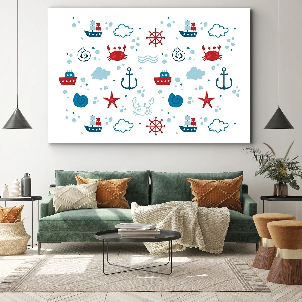 Impression sur toile - Image sur toile - Motif nautique avec ancres, navires et crabes - 120x80cm - Conte de fées de la mer - Décoration murale moderne pour le salon et la chambre ARTTOR