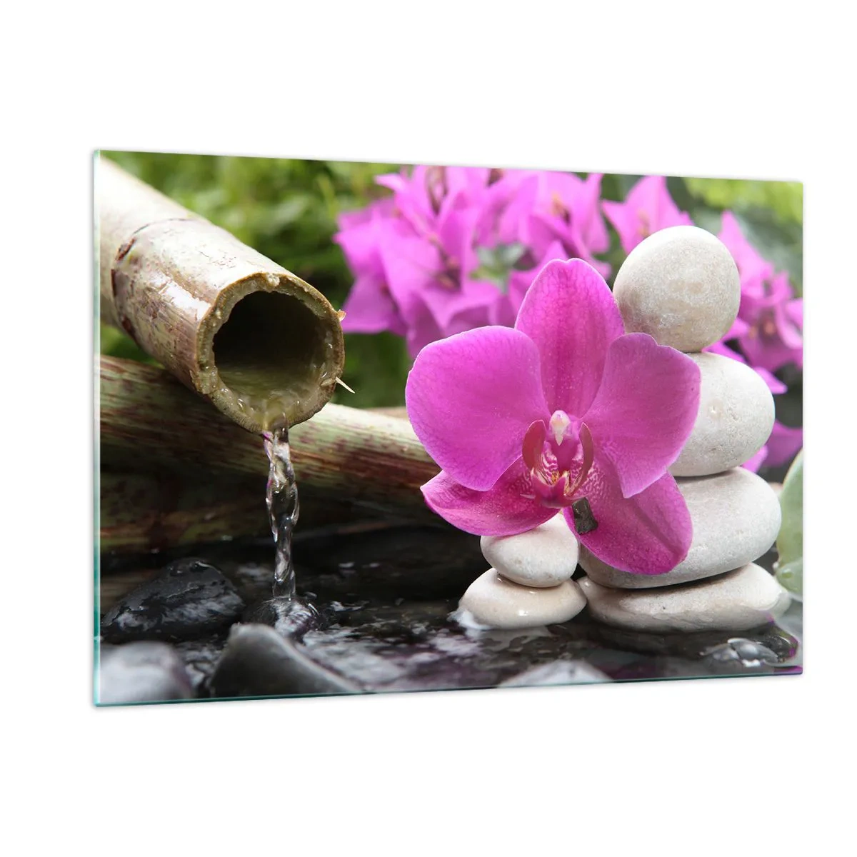 Impression sur verre - Image sur verre - Orchidée violette, pierres et cascade de bambou - 120x80cm - Tu te reposes déjà - Décoration murale moderne pour le salon et la chambre ARTTOR