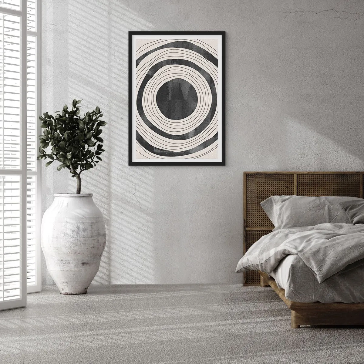 Affiche dans un cadre noir - Poster - Cercles concentriques abstraits en noir et blanc - 50x70cm - Droit au but - Décoration murale moderne pour le salon et la chambre ARTTOR