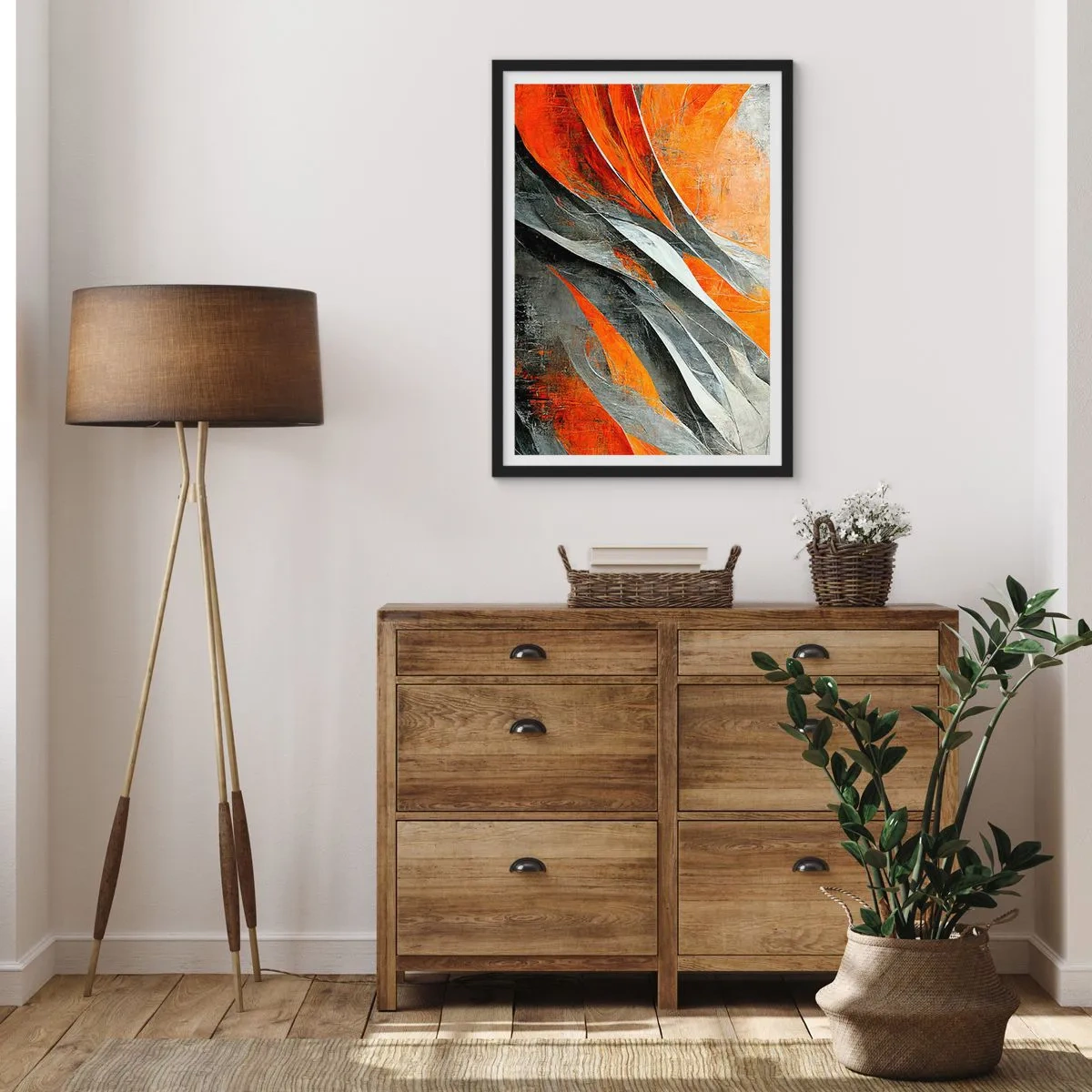 Affiche dans un cadre noir - Poster - Abstraction dynamique dans les tons orange et gris - 50x70cm - Chaleur et froid - Décoration murale moderne pour le salon et la chambre ARTTOR