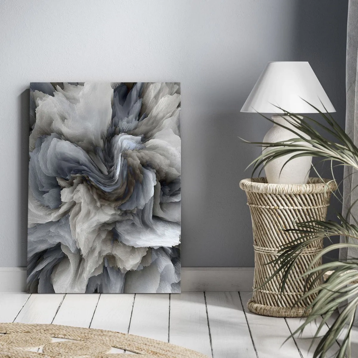 Impression sur toile - Image sur toile - Tourbillon abstrait dans les tons de gris et de bleu - 50x70cm - Pierre et fleur - Décoration murale moderne pour le salon et la chambre ARTTOR