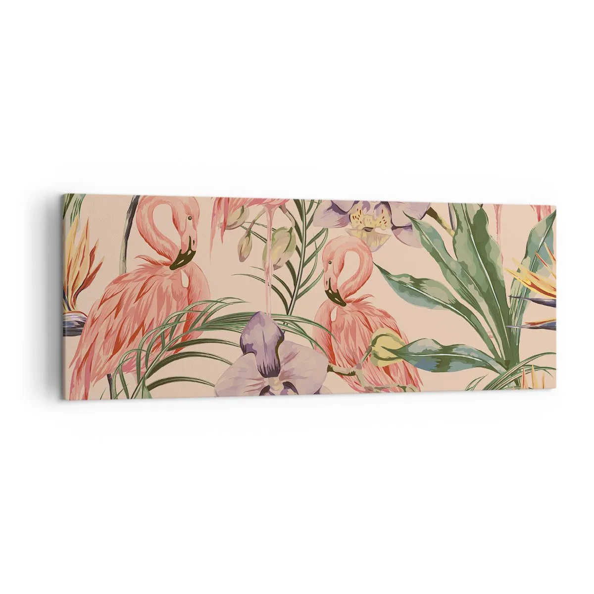 Impression sur toile - Image sur toile - Flamants roses et fleurs tropicales sur fond clair - 140x50cm - Ballet rose dans les fleurs - Décoration murale moderne pour le salon et la chambre ARTTOR