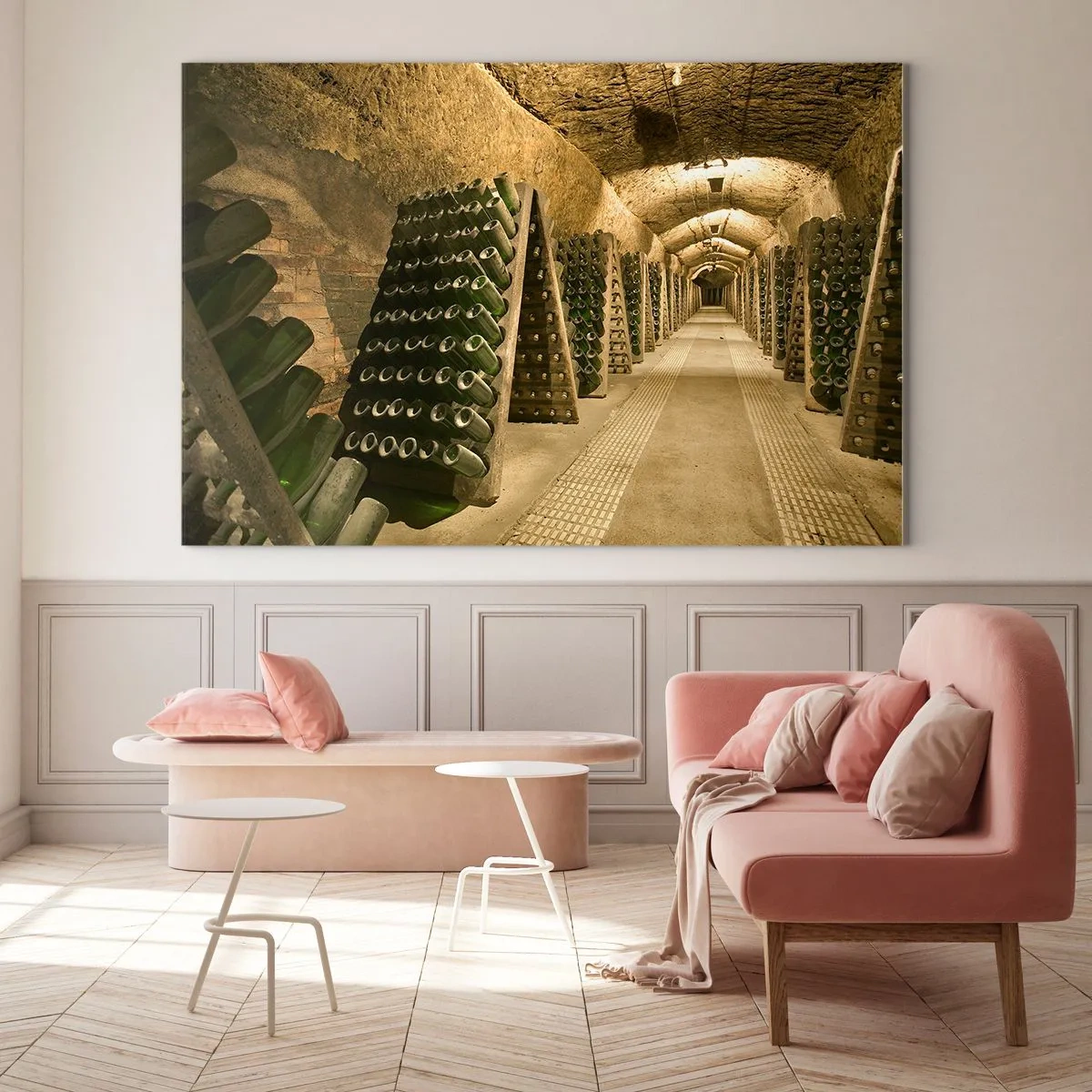 Impression sur verre - Image sur verre - Une cave avec des bouteilles de vin vieillissant en rangées - 100x70cm - L'éveil du goût - Décoration murale moderne pour le salon et la chambre ARTTOR