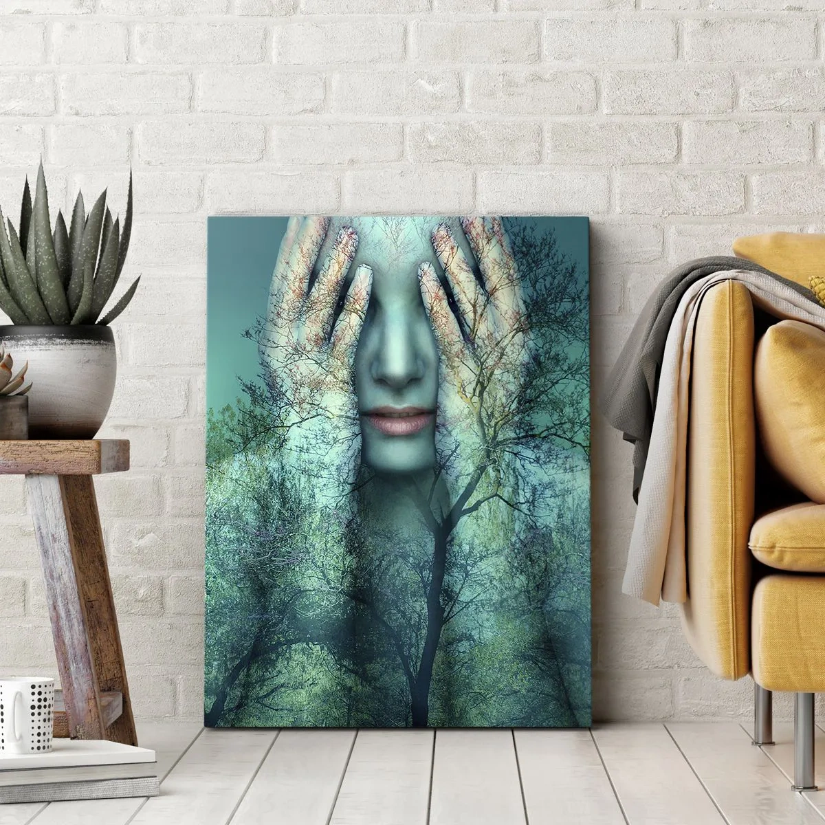 Impression sur toile - Image sur toile - Une figure de femme avec un motif d'arbre sur un fond de paysage turquoise - 70x100cm - immergé dans l'azur - Décoration murale moderne pour le salon et la chambre ARTTOR