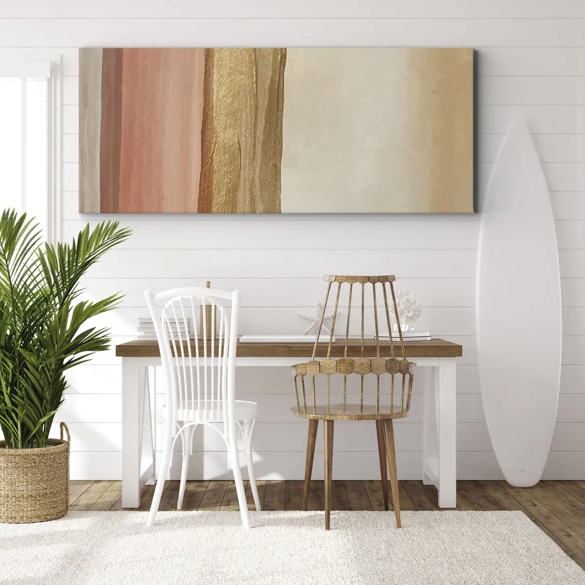 Impression sur toile - Image sur toile - Rayures abstraites dans les tons beige, or et rose sur toile - 140x50cm - Composition verticale - Décoration murale moderne pour le salon et la chambre ARTTOR