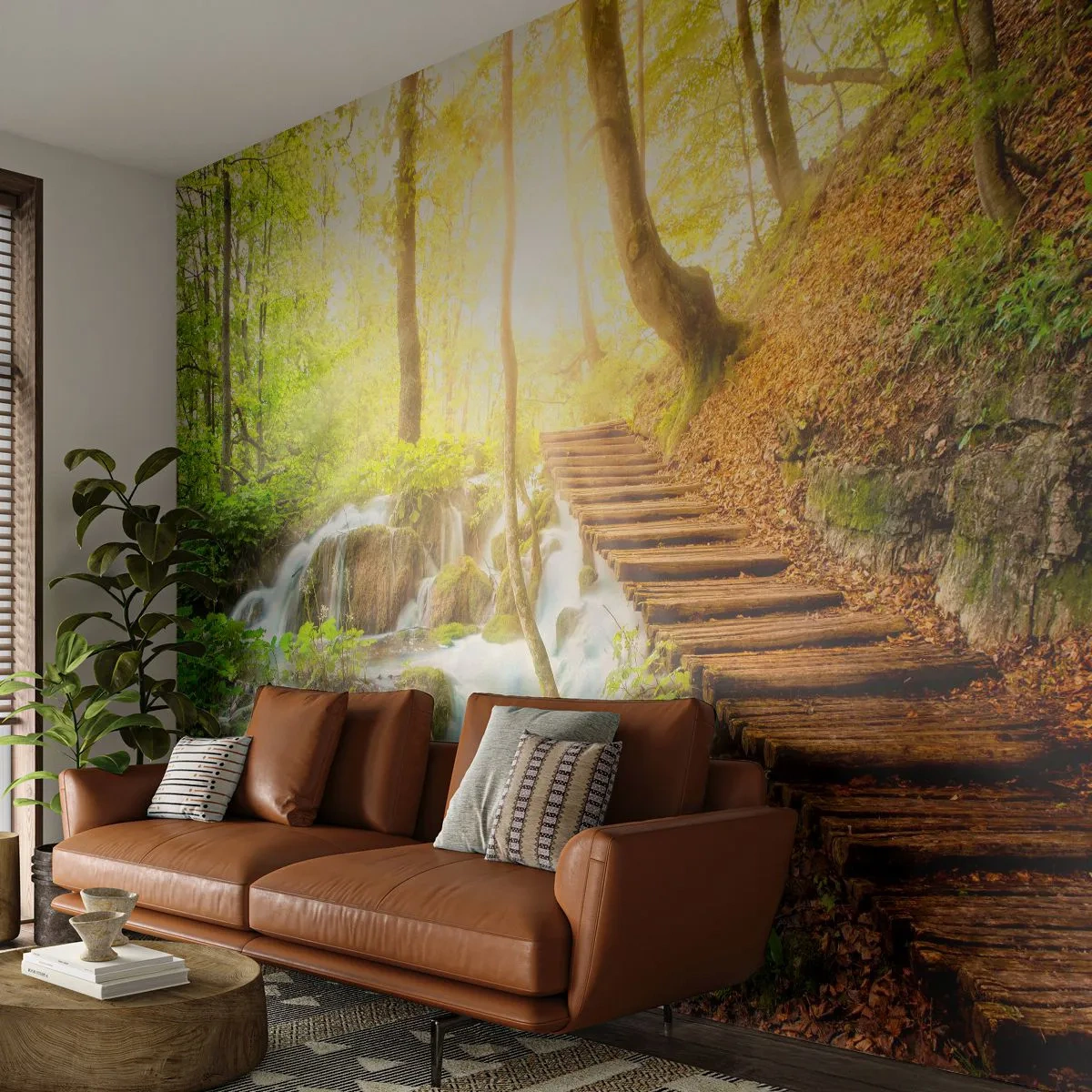 Papier Peint Photo Premium Sand - Cascade forestière et sentier en bois - 100x70cm - Une fraîcheur tant désirée - Décoration murale moderne pour le salon et la chambre ARTTOR