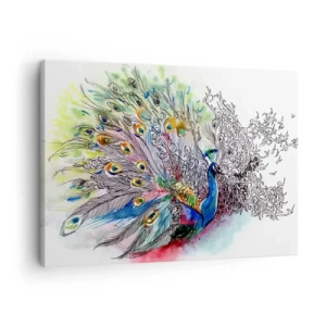 Impression sur toile - Image sur toile - Un paon dans un style aquarelle coloré avec des plumes abstraites - 70x50cm - Avec fierté contre la grisaille - Décoration murale moderne pour le salon et la chambre ARTTOR