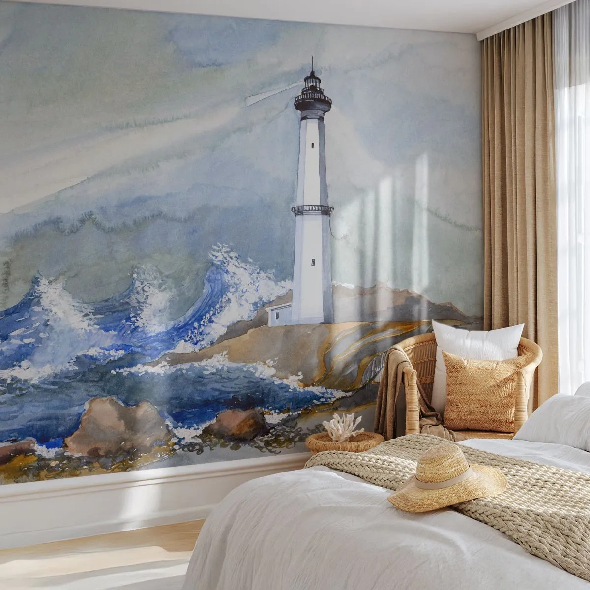 Papier Peint Photo Premium Sand - Un phare parmi les vagues agitées - 100x70cm - Contre l'obscurité et la tempête - Décoration murale moderne pour le salon et la chambre ARTTOR
