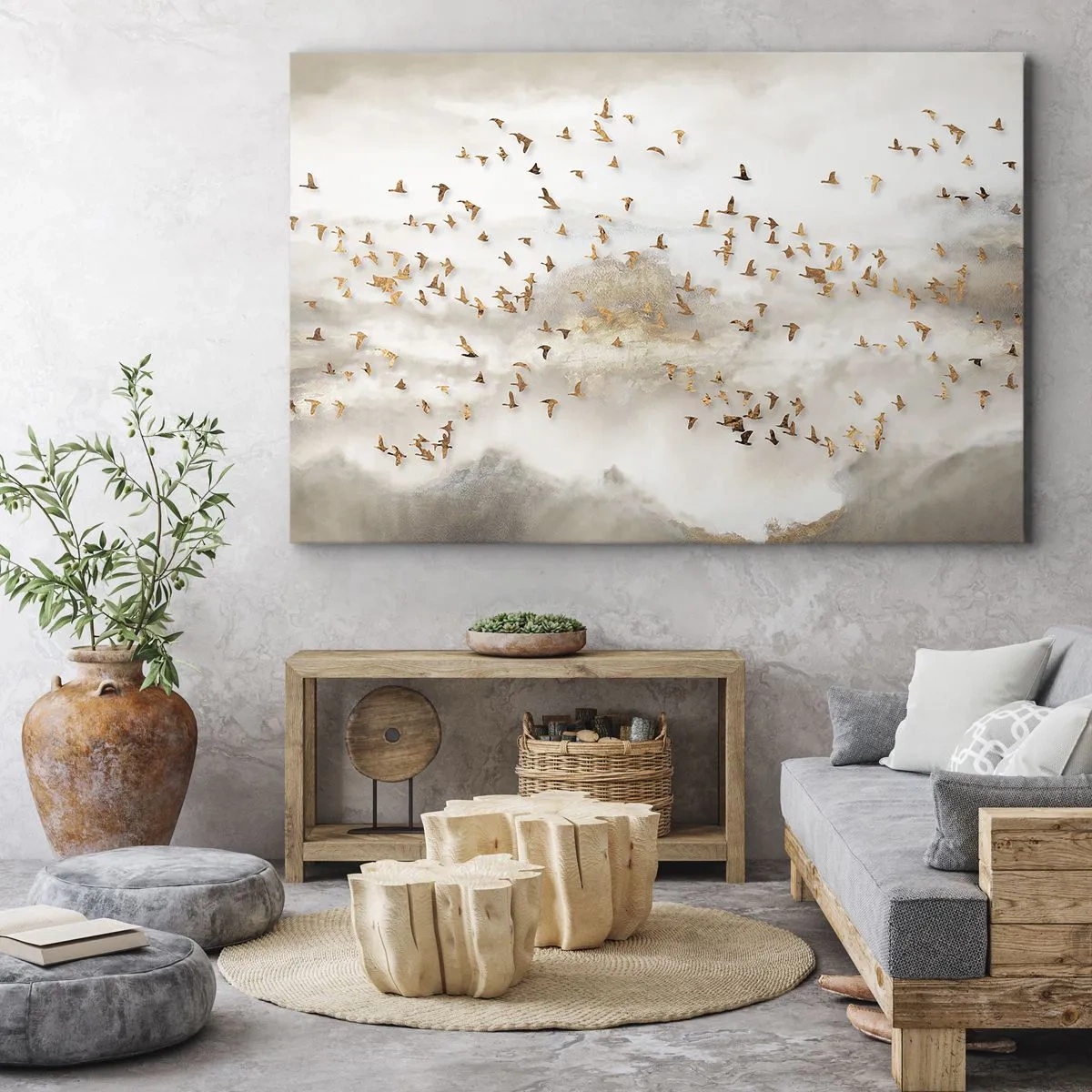 Impression sur toile - Image sur toile - Oiseaux dorés contre les montagnes brumeuses - 70x50cm - Il est l'heure… - Décoration murale moderne pour le salon et la chambre ARTTOR