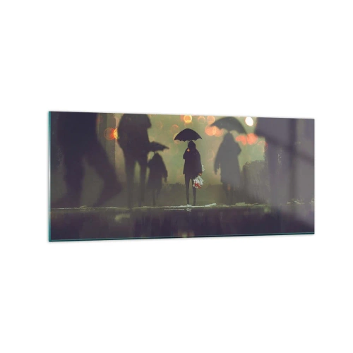 Impression sur verre - Image sur verre - Une silhouette avec un parapluie un soir pluvieux parmi les lumières de la ville - 120x50cm - Du point de vue d'une goutte de pluie - Décoration murale moderne pour le salon et la chambre ARTTOR