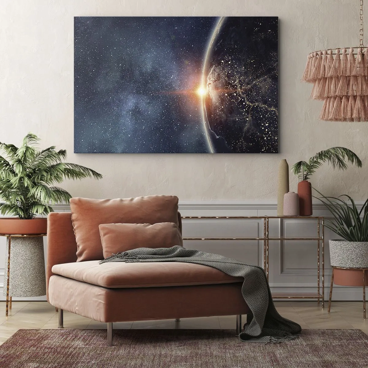 Impression sur toile - Image sur toile - La Terre vue de l'espace avec le soleil levant - 70x50cm - Dans une nouvelle perspective - Décoration murale moderne pour le salon et la chambre ARTTOR