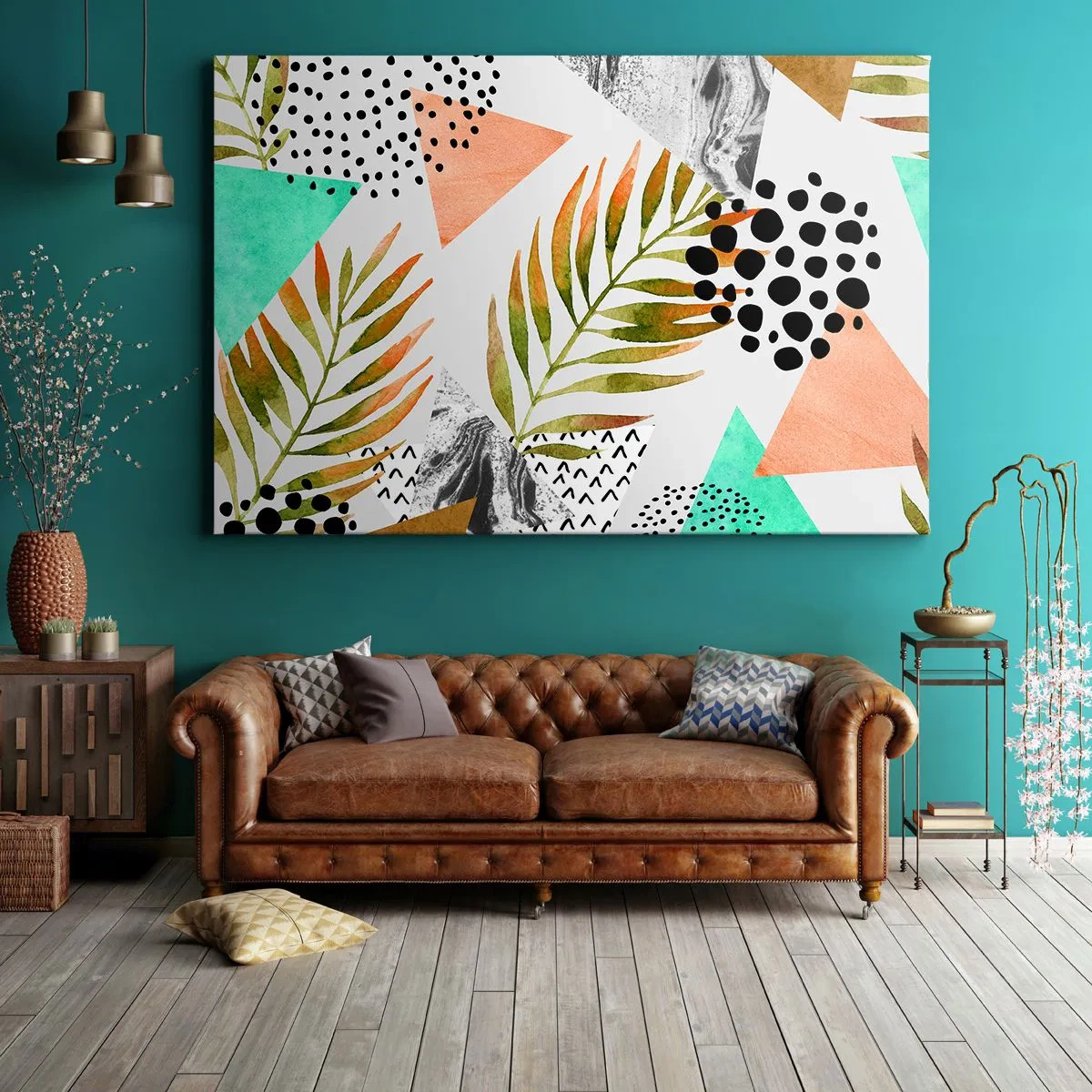 Impression sur toile - Image sur toile - Motif tropical avec des feuilles et des formes géométriques - 100x70cm - Décoration avec feuille de palmier - Décoration murale moderne pour le salon et la chambre ARTTOR