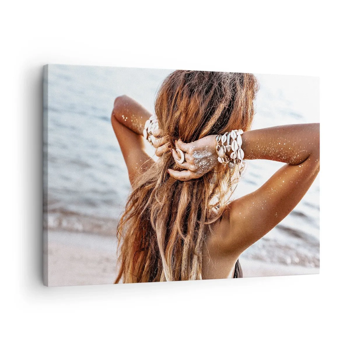Impression sur toile - Image sur toile - Une femme sur la plage avec ses cheveux flottant au soleil - 70x50cm - La soeur de l'eau et du soleil - Décoration murale moderne pour le salon et la chambre ARTTOR