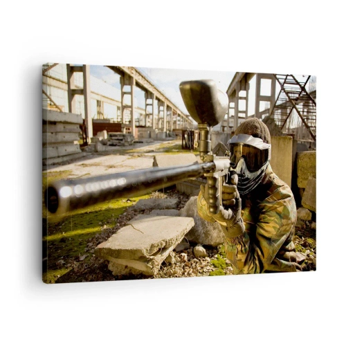 Impression sur toile - Image sur toile - Un joueur de paintball en tenue de camouflage visant un marqueur - 70x50cm - Et vous pouvez devenir un héros - Décoration murale moderne pour le salon et la chambre ARTTOR