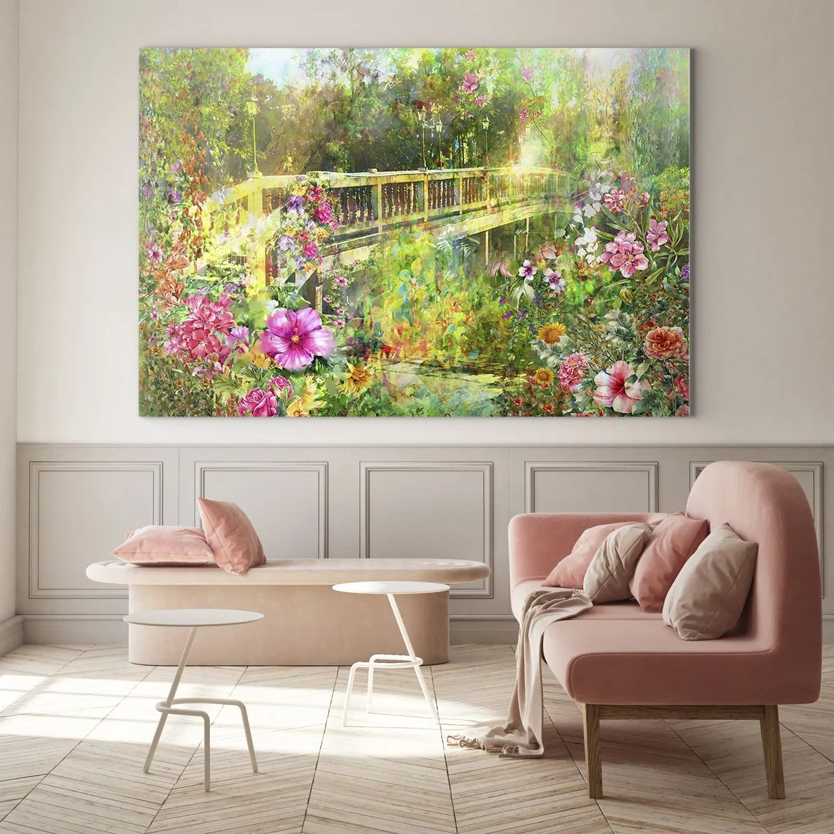 Impression sur verre - Image sur verre - Un pont entouré d'une végétation luxuriante et de fleurs colorées - 100x70cm - Le soupire d'un pont de printemps - Décoration murale moderne pour le salon et la chambre ARTTOR