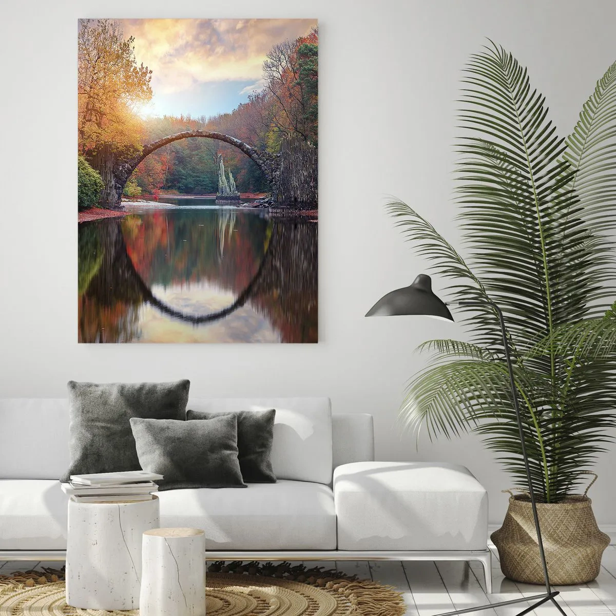 Impression sur verre - Image sur verre - Un pont de pierre se reflétant dans un lac au milieu d'une forêt d'automne - 50x70cm - De l'autre cote du miroir - Décoration murale moderne pour le salon et la chambre ARTTOR