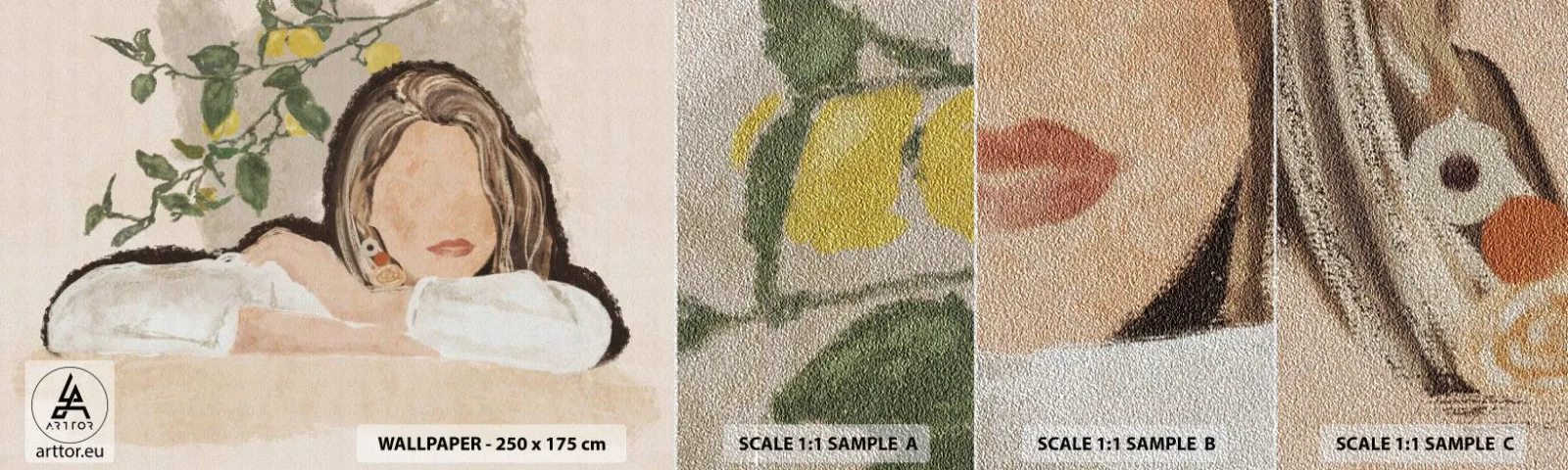 Échantillon de Papier Peint Premium Sand - La beauté du sud - Femme, Citrons, Minimalisme - 100x30 cm