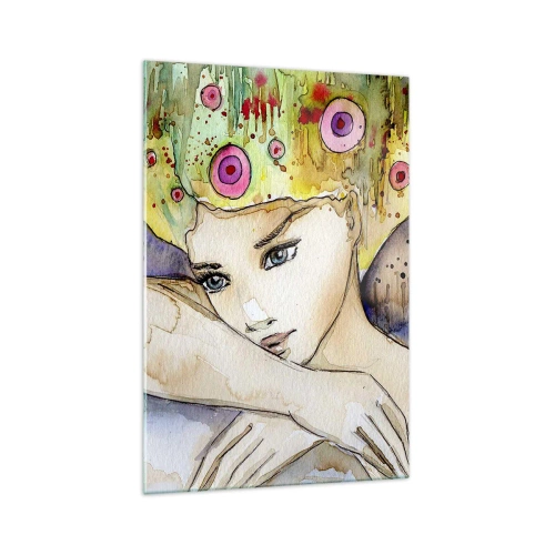 Impression sur verre - Image sur verre - Une femme avec une coiffure abstraite et un papillon rose - 70x100cm - La princesse papillon - Décoration murale moderne pour le salon et la chambre ARTTOR
