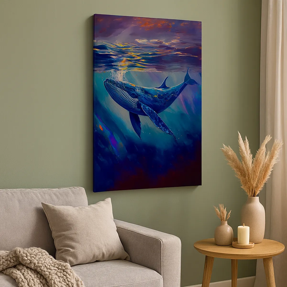 Impression sur toile - Image sur toile - Une baleine dans les profondeurs de l'océan aux couleurs lumineuses - 50x70cm - Bienvenue dans mon monde - Décoration murale moderne pour le salon et la chambre ARTTOR