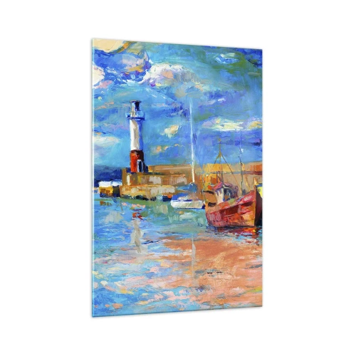 Impression sur verre - Image sur verre - Port de pêche avec bateaux et phare aux couleurs vives - 70x100cm - Un après-midi dans la baie arc-en-ciel - Décoration murale moderne pour le salon et la chambre ARTTOR