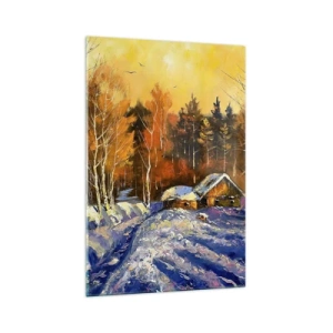 Impression sur verre - Image sur verre - Paysage d'hiver avec une maison à la lumière du soleil couchant - 70x100cm - Impression d'hiver au soleil - Décoration murale moderne pour le salon et la chambre ARTTOR