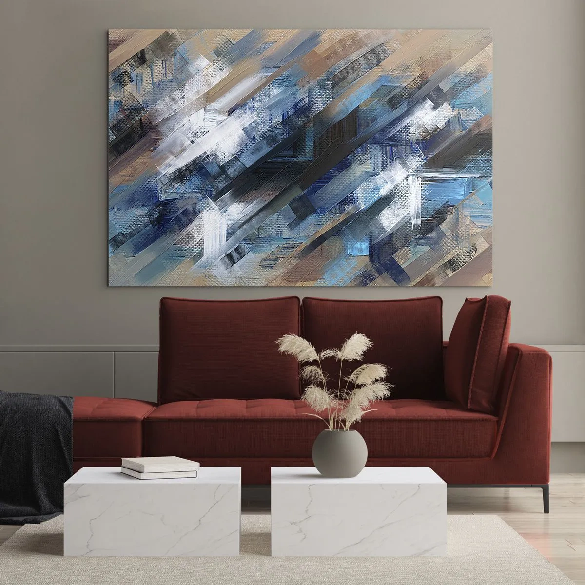 Impression sur verre - Image sur verre - Rayures diagonales abstraites dans les tons de bleu, blanc et beige - 70x50cm - Diagonale de bleus - Décoration murale moderne pour le salon et la chambre ARTTOR