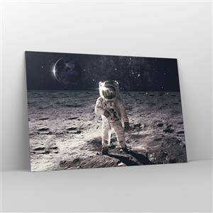 Impression sur verre - Image sur verre - Astronaute à la surface de la Lune avec la Terre en arrière-plan - 120x80cm - Salutations de la lune - Décoration murale moderne pour le salon et la chambre ARTTOR