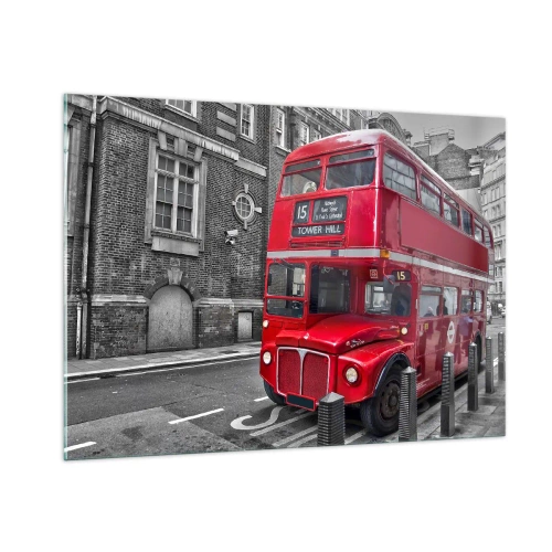 Impression sur verre - Image sur verre - Un bus londonien rouge sur un fond de rue noir et blanc - 100x70cm - Toujours la même chose - Décoration murale moderne pour le salon et la chambre ARTTOR