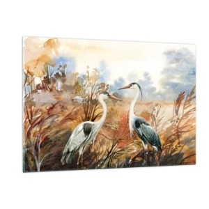 Impression sur verre - Image sur verre - Deux grues dans un paysage d'automne peint à l'aquarelle - 120x80cm - Jusqu'où en automne ? - Décoration murale moderne pour le salon et la chambre ARTTOR