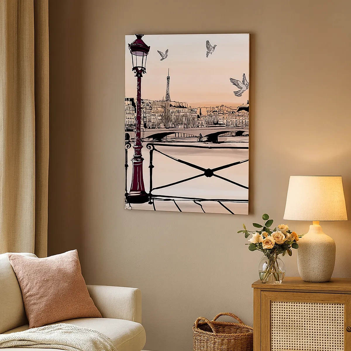 Impression sur toile - Image sur toile - Vue parisienne avec une lanterne et un pont - 50x70cm - Sur les toits de Paris - Décoration murale moderne pour le salon et la chambre ARTTOR