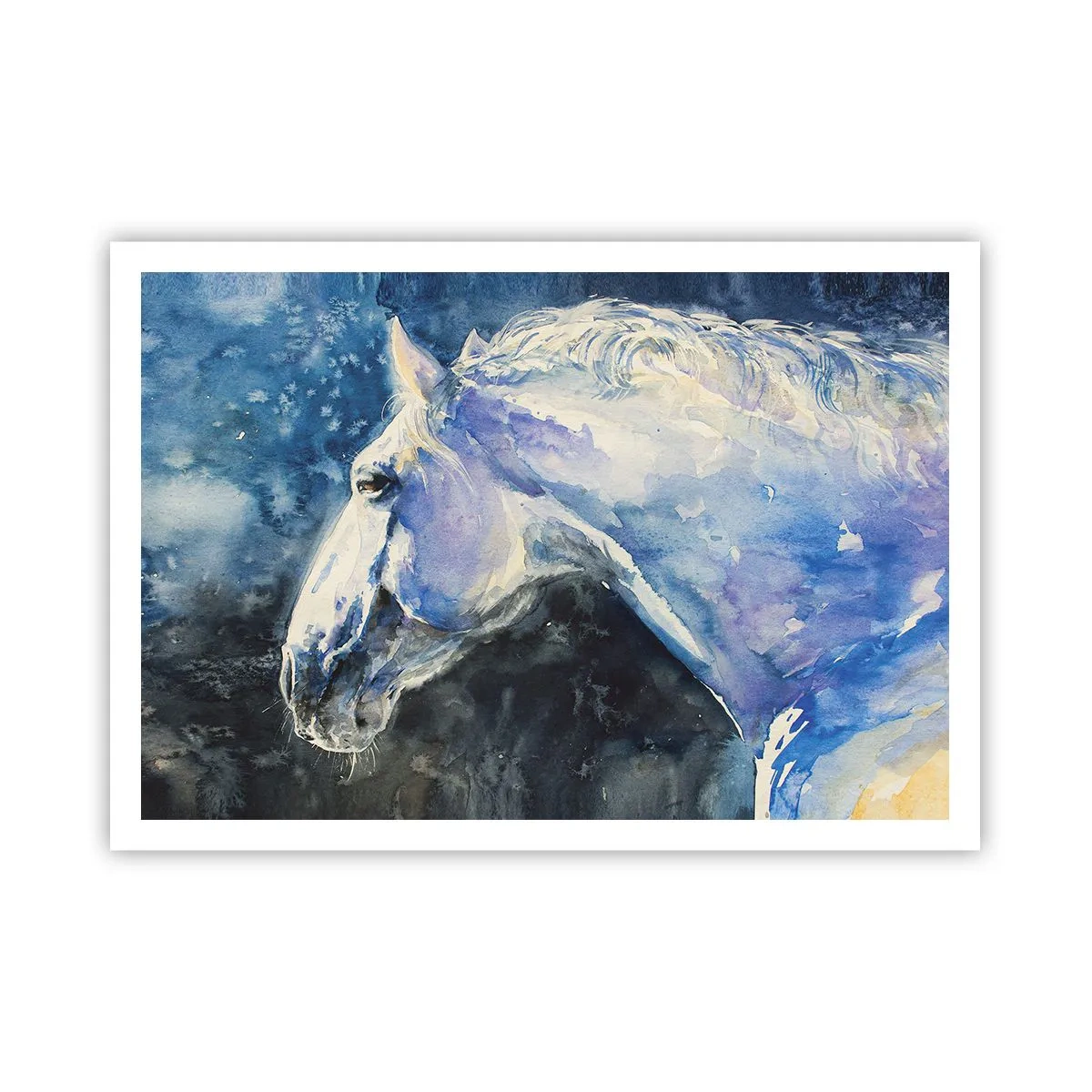 Affiche - Poster - Portrait d'un cheval dans des tons de bleu avec un effet aquarelle pictural. - 100x70cm - Portrait dans une lueur azur - Décoration murale moderne pour le salon et la chambre ARTTOR