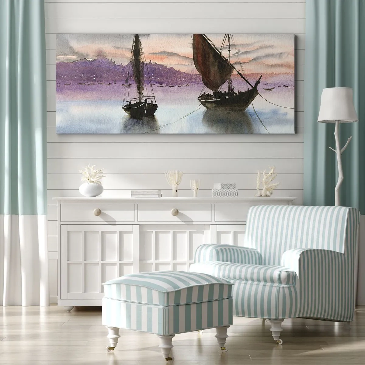 Impression sur toile - Image sur toile - Deux voiliers amarrés sur une eau calme au crépuscule - 160x50cm - Soirée au port - Décoration murale moderne pour le salon et la chambre ARTTOR