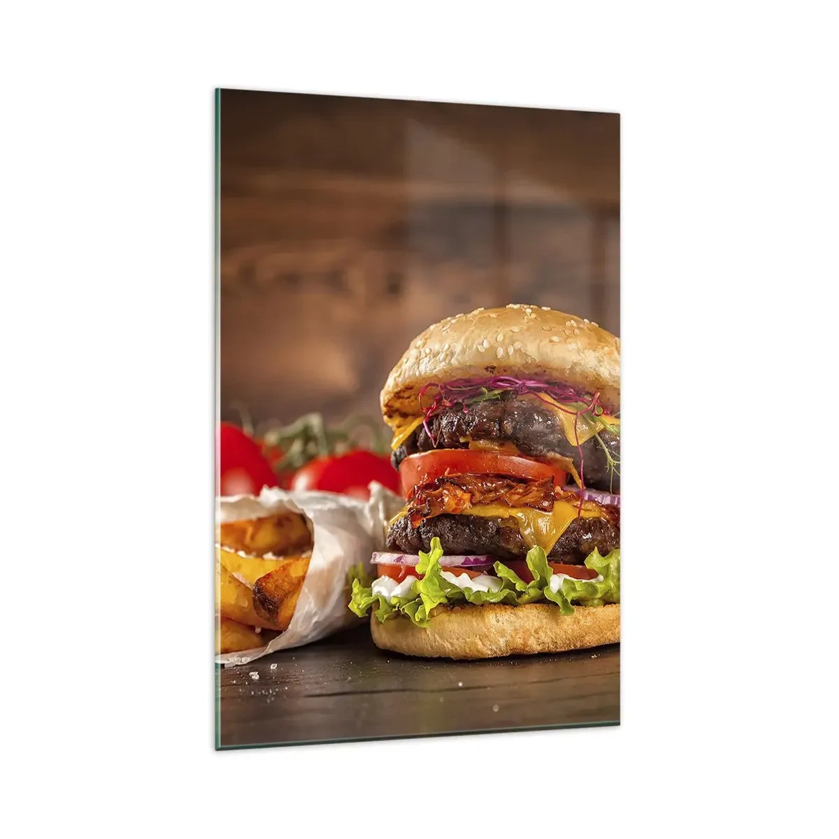 Impression sur verre - Image sur verre - Burger appétissant avec extras - 80x120cm - Le fruit défendu - Décoration murale moderne pour le salon et la chambre ARTTOR