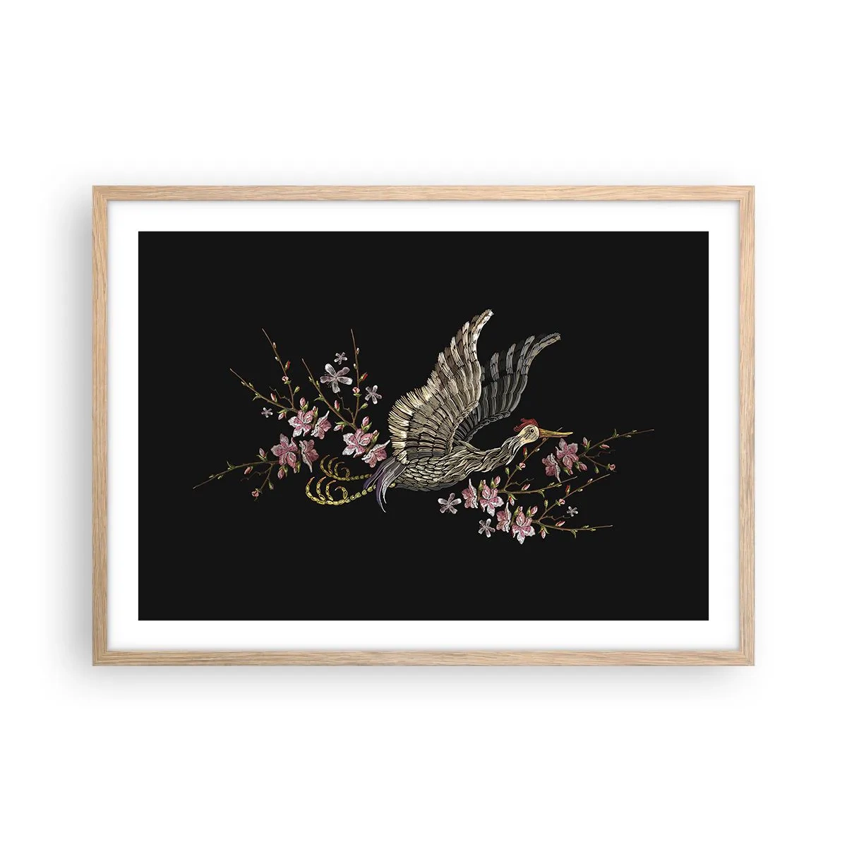 Affiche dans un chêne clair - Poster - Oiseau brodé exotique - 70x50 cm