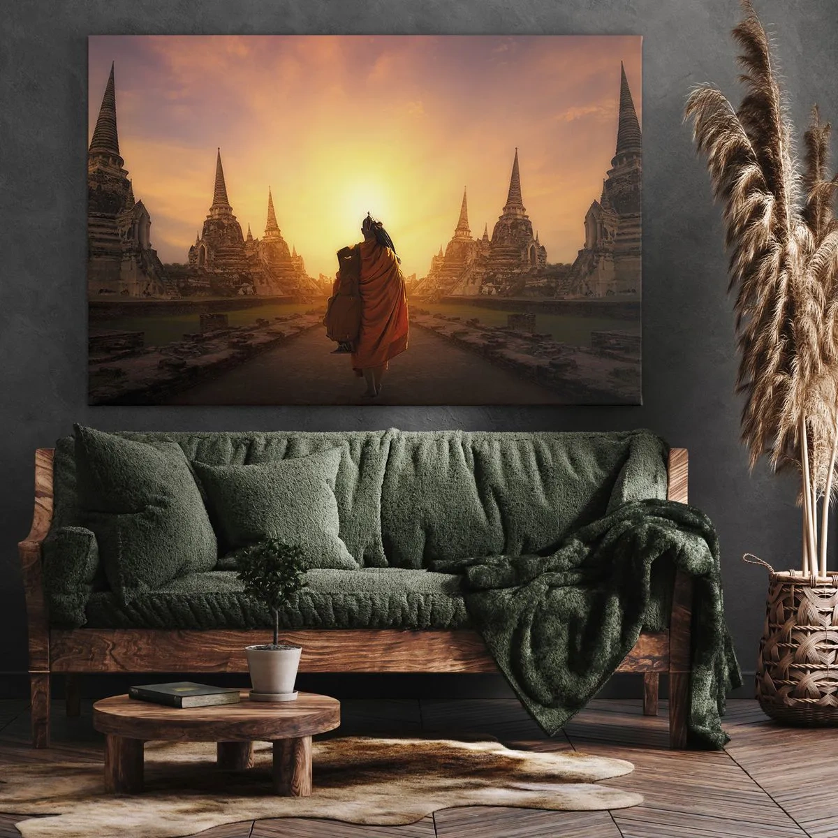 Impression sur toile - Image sur toile - Un moine parmi les temples au coucher du soleil - 120x80cm - En paix pour l'éternité - Décoration murale moderne pour le salon et la chambre ARTTOR