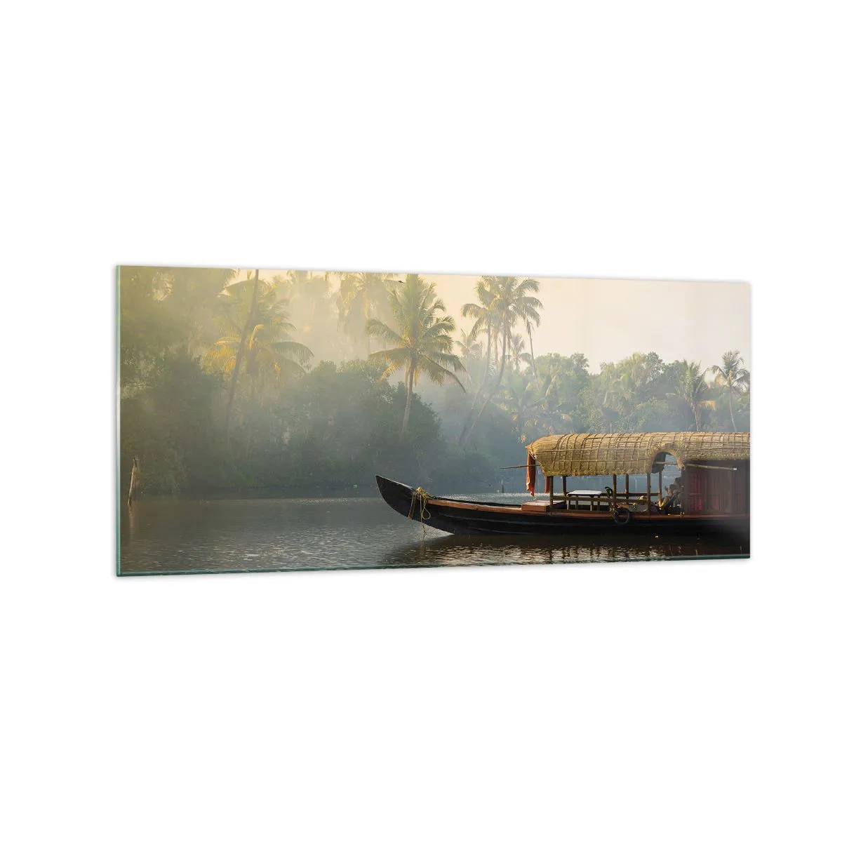 Impression sur verre - Image sur verre - Un bateau traditionnel sur une rivière calme parmi les palmiers - 120x50cm - Maison sur la rivière - Décoration murale moderne pour le salon et la chambre ARTTOR