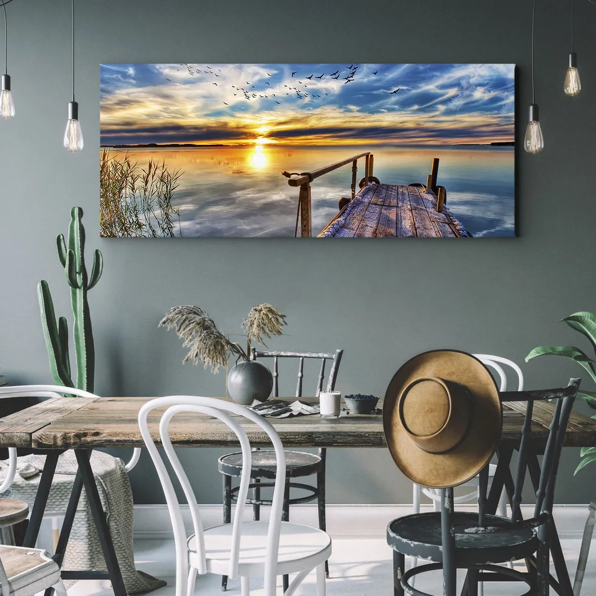 Impression sur toile - Image sur toile - Jetée en bois sur le lac au coucher du soleil - 140x50cm - Le vent se repose - Décoration murale moderne pour le salon et la chambre ARTTOR