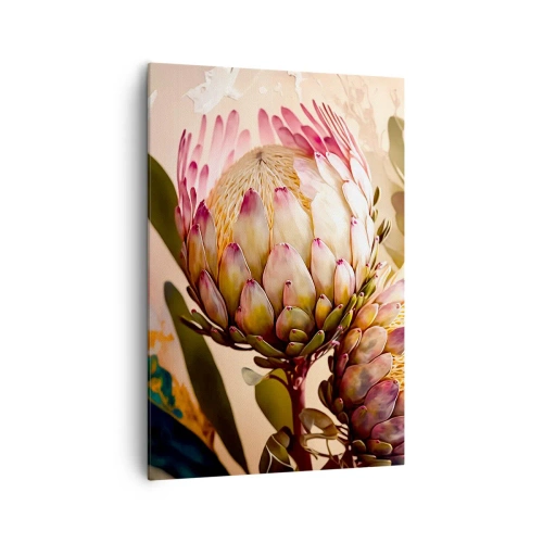 Impression sur toile - Image sur toile - Fleurs de protéa colorées sur un fond délicat - 70x100cm - Tendrement embrassé - Décoration murale moderne pour le salon et la chambre ARTTOR