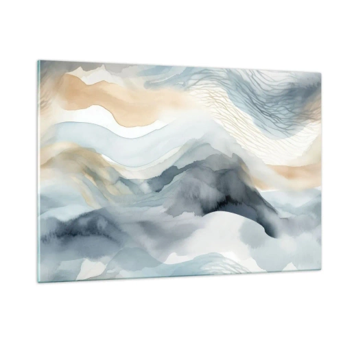 Impression sur verre - Image sur verre - Vagues abstraites dans les tons beige et bleu - 120x80cm - Abstraction enneigée et brumeuse - Décoration murale moderne pour le salon et la chambre ARTTOR