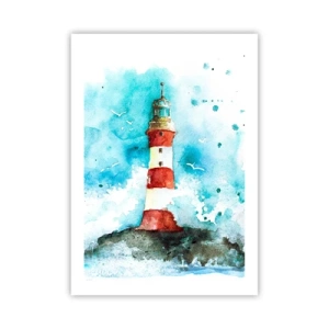 Affiche - Poster - Phare de style aquarelle avec des vagues de la mer - 50x70cm - Unité des éléments - Décoration murale moderne pour le salon et la chambre ARTTOR
