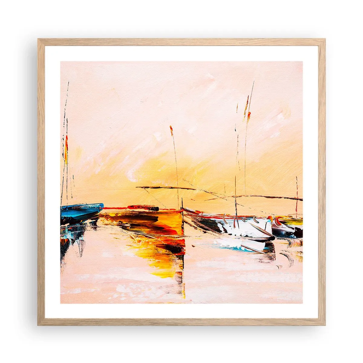 Affiche dans un chêne clair - Poster - Soirée à la marina - 60x60 cm