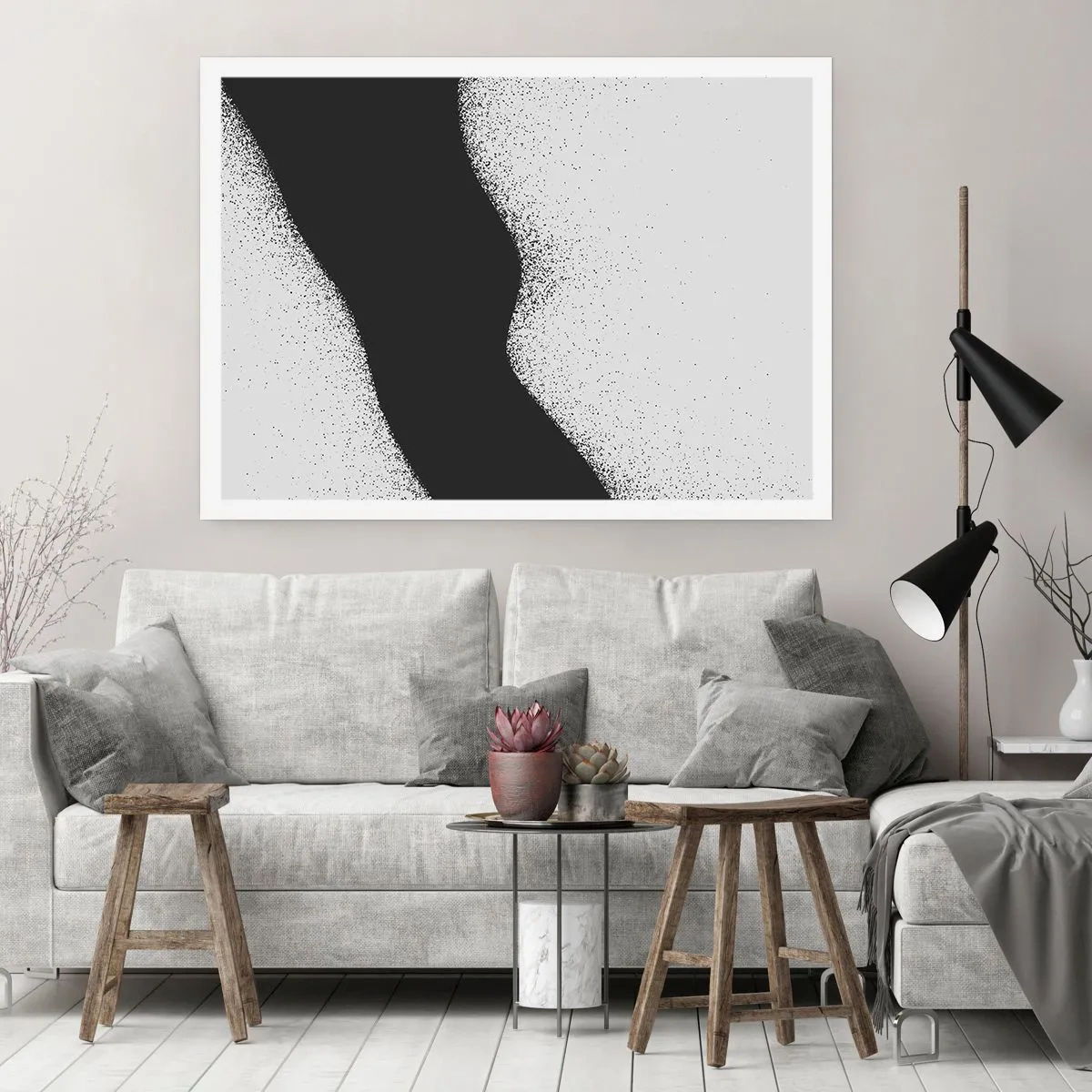 Affiche - Poster - Motif abstrait noir et blanc avec des points délicats sur toile - 100x70cm - Équilibre fluide - Décoration murale moderne pour le salon et la chambre ARTTOR